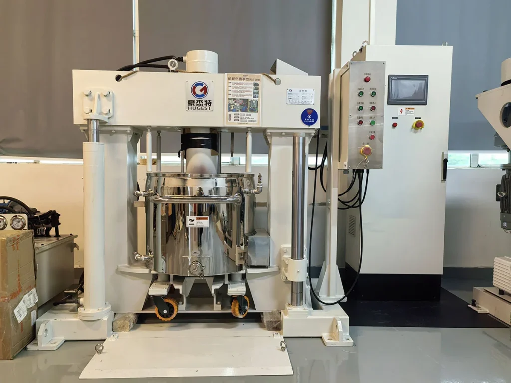 Hydraulic lifting vacuum double planetary mixer with touch screen control for high viscosity industrial UV adhesive mixing and vacuum defoaming