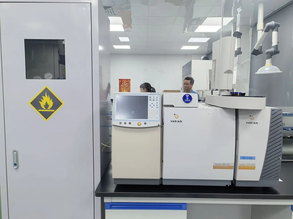 Varian GC-MS gas chromatography mass spectrometer in fireproof lab room for UV adhesive chemical composition analysis