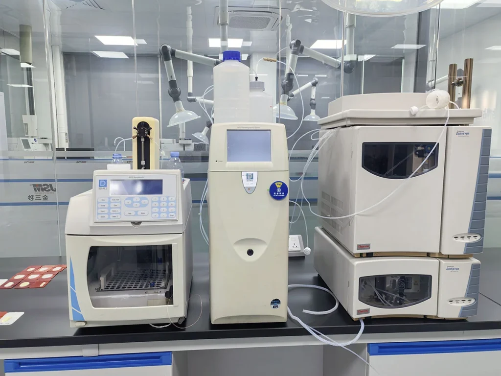Ion chromatography and liquid chromatography instruments for industrial UV adhesive ion content and impurity composition analysis in clean laboratory