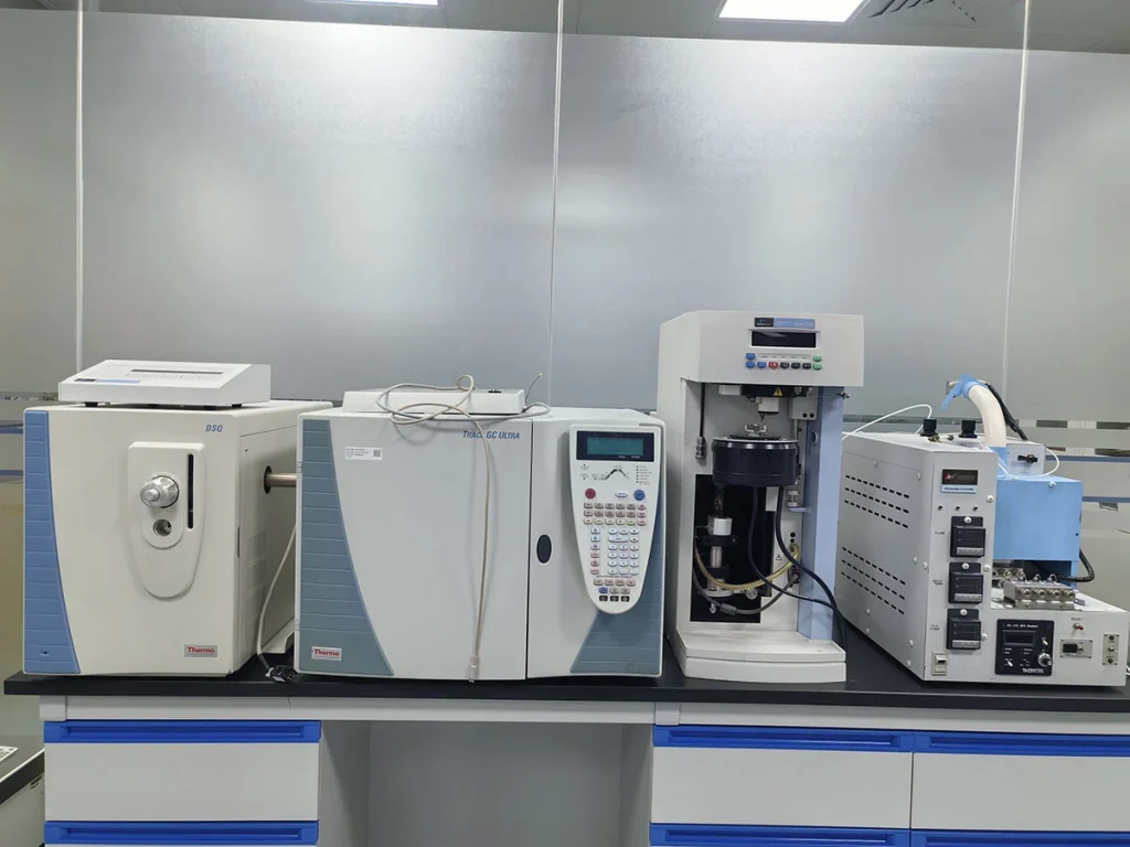 Complete set of lab analytical instruments including Thermo GC-MS and thermal analysis machine for industrial UV adhesive formula & performance testing