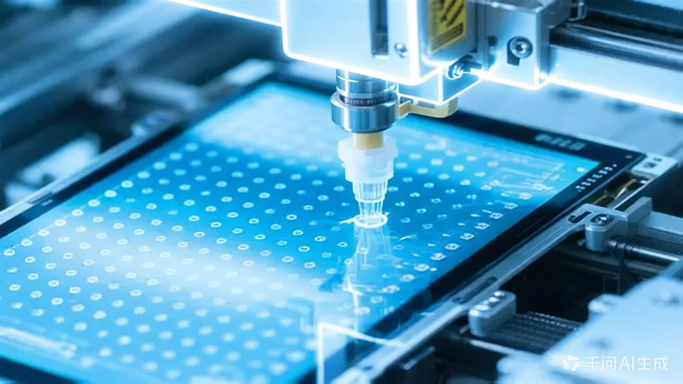 Automated precision dispensing machine applying UV adhesive dots onto a blue circuit board panel for electronics assembly.