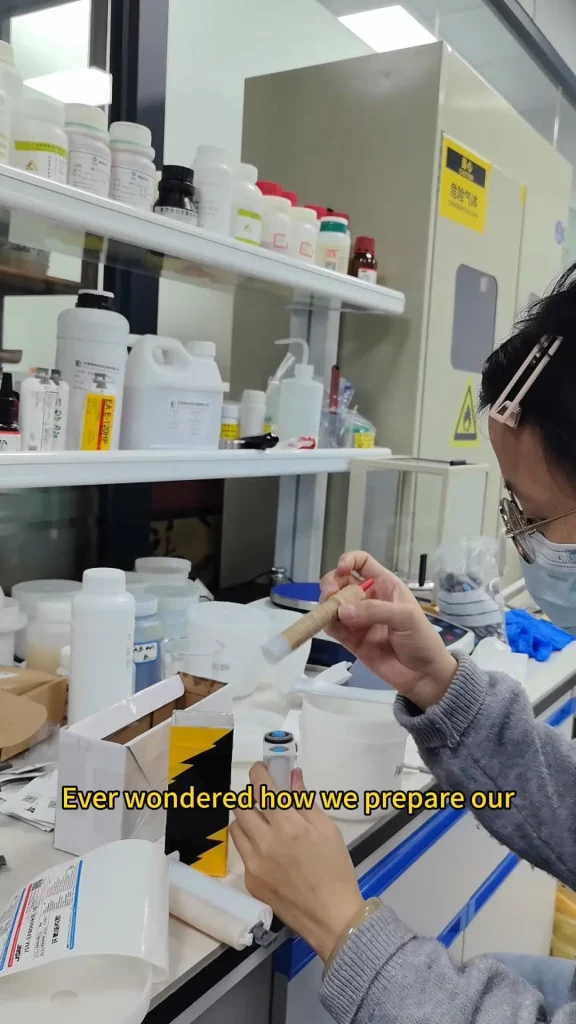 R&D technician prepares custom industrial UV adhesive formula in laboratory, weighing raw chemical materials with reagent bottles and chemical storage shelves in background