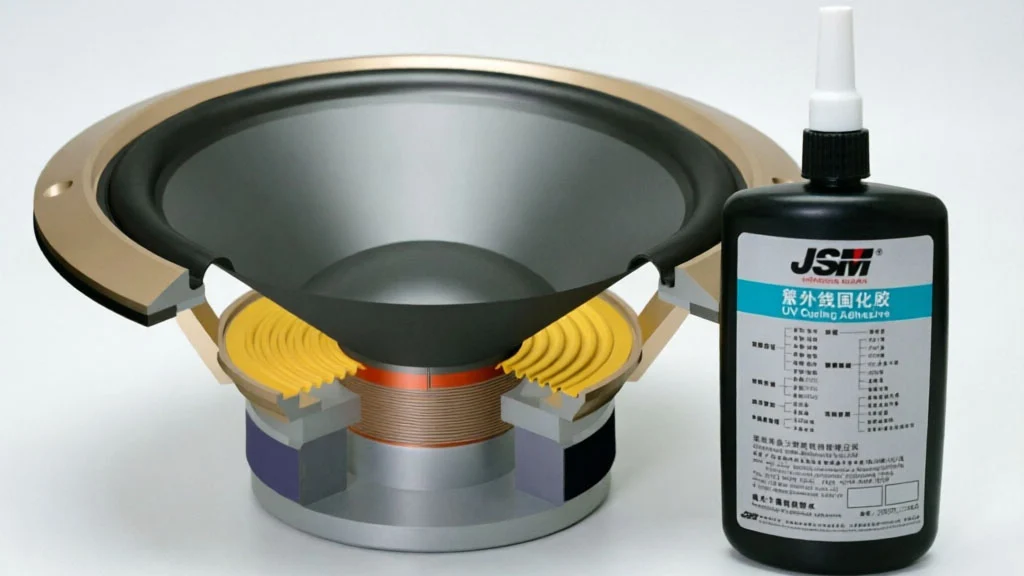 UV curing adhesive bottles next to a speaker driver component for audio assembly bonding.