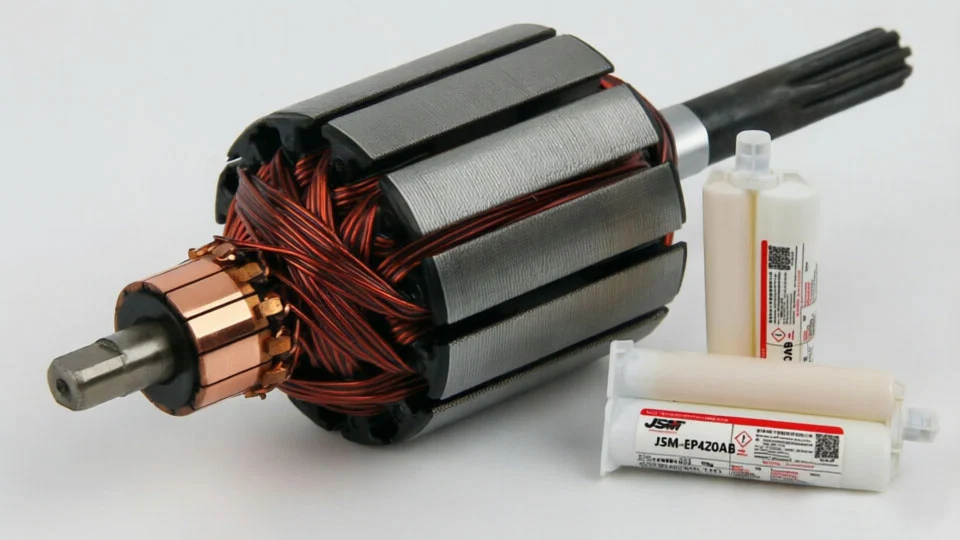 Application of structural adhesive for electric motor assembly, securing stator windings and magnets.