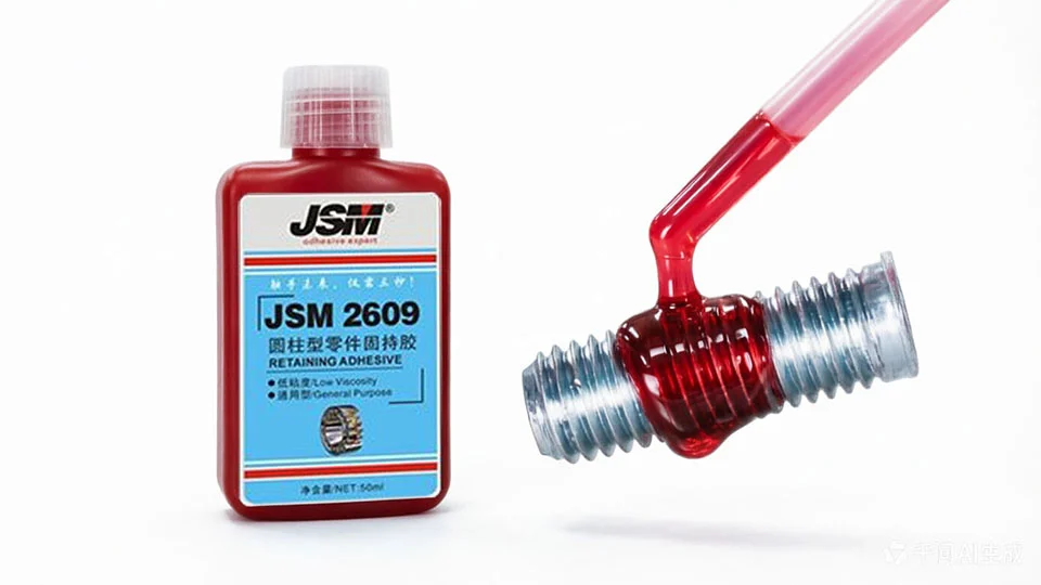 Close-up of red JSM 2609 threadlocker being applied to metal bolt threads, isolated on white background.