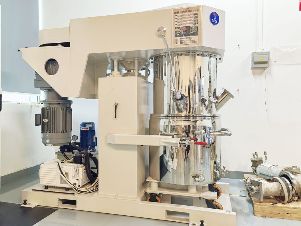 Large capacity vacuum double planetary mixer for high viscosity chemical mixing and battery slurry production.