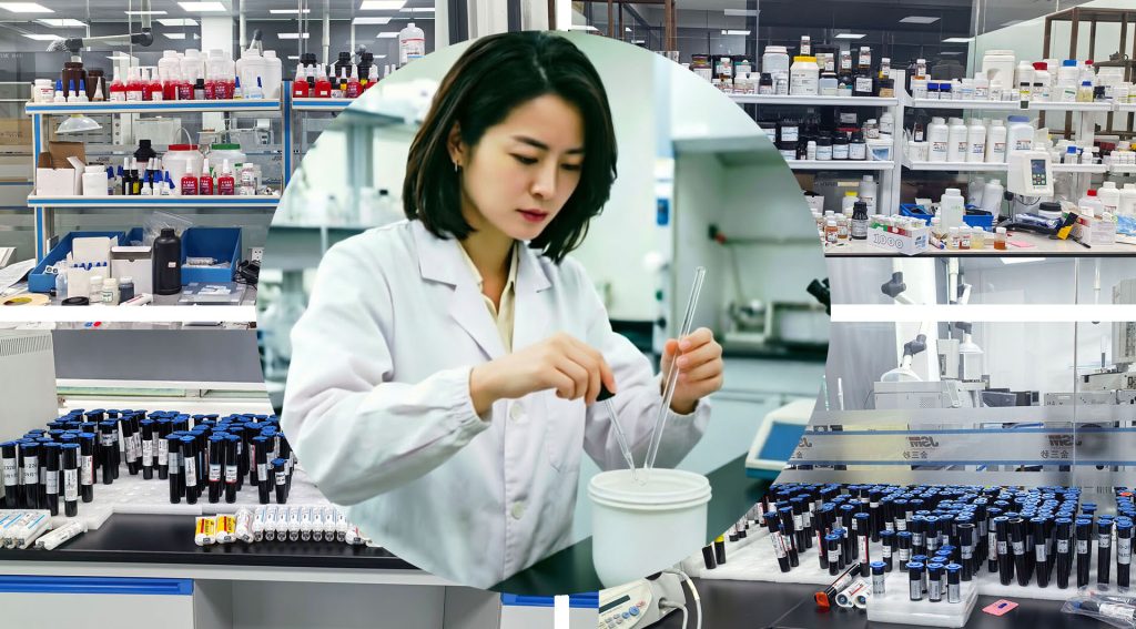 Female scientist conducting chemical experiments in a modern R&D laboratory